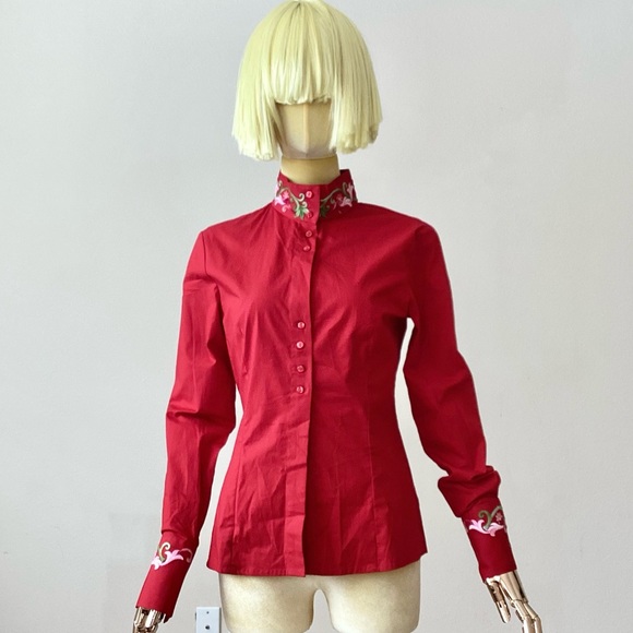 Nara Camicie Tops - Nara Camicie Red Floral Embroidery Button Down Long Sleeves Shirt SZ 4